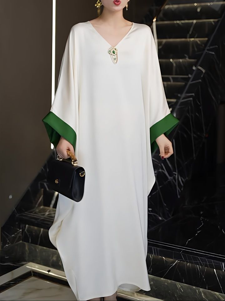 【送胸針】大碼女裝緞面連衣裙春夏高檔洋氣寬鬆顯瘦減齡遮肚長裙