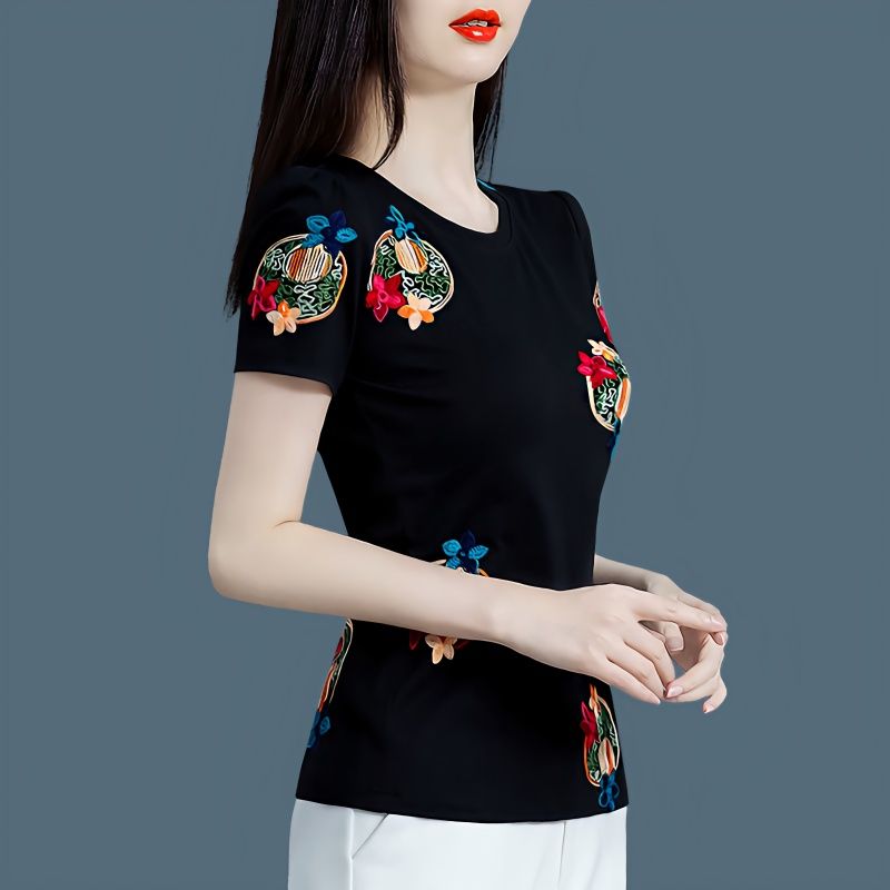 夏季黑色針織繡花女上衣薄款修身顯瘦女洋氣小衫夏女裝2023新款潮