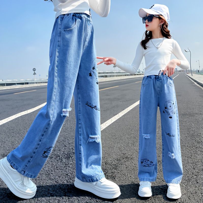 女童牛仔闊腿褲春秋外穿洋氣2023新款中大童寬鬆長褲女孩兒童褲子