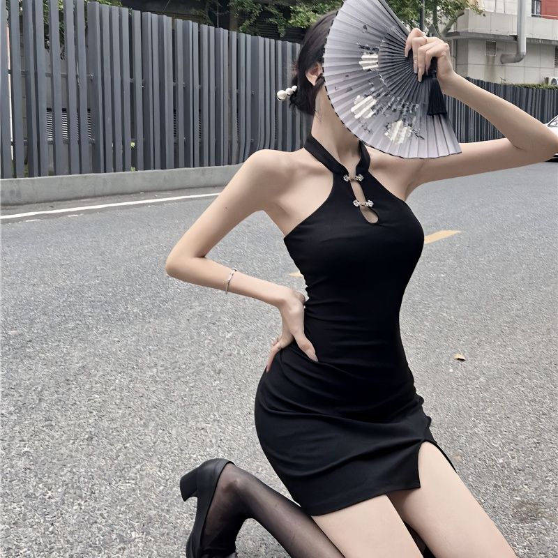 New Chinese-style cheongsam slit dress women's summer national style chic and thin black dress hanging neck bag hip skirt