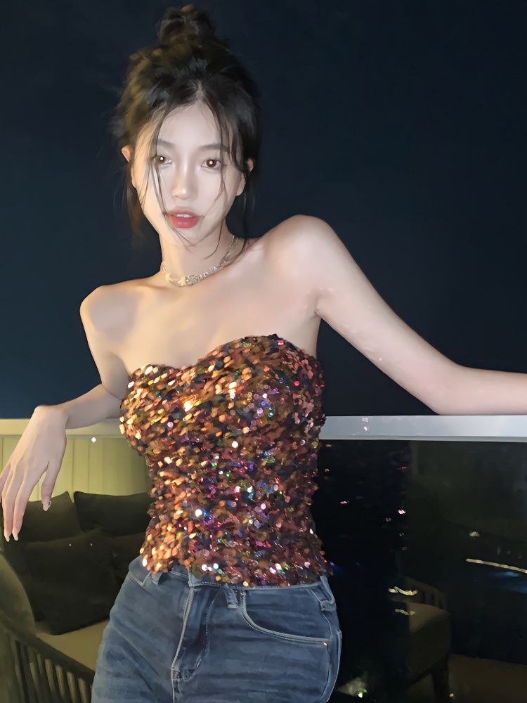 2023時尚辣妹性感歐美風彩色亮片修身顯瘦短款裹胸亮片吊帶背心女