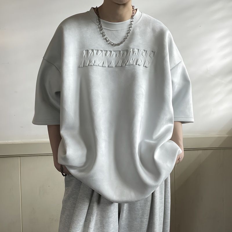 美式高街麂皮絨短袖男生夏季重磅衣服潮牌潮流2023新款青少年t恤