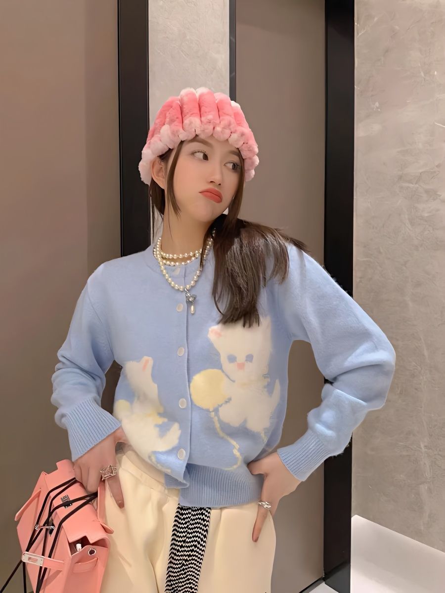 甜美重工小貓提花軟糯毛衣針織衫開衫女裝春秋設計感小眾上衣外套