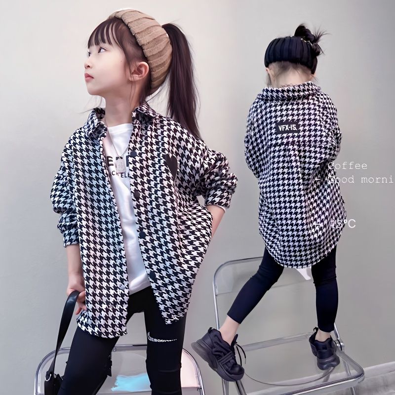 女童外套春秋裝2023新款洋氣中大童千鳥格襯衫女孩百搭中長款上衣
