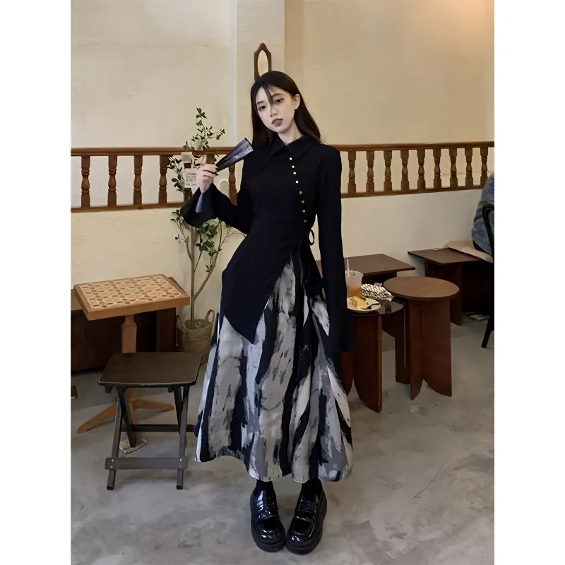 中國風翻領開叉上衣新中式水墨印花半身裙女春季2023新款時尚套裝