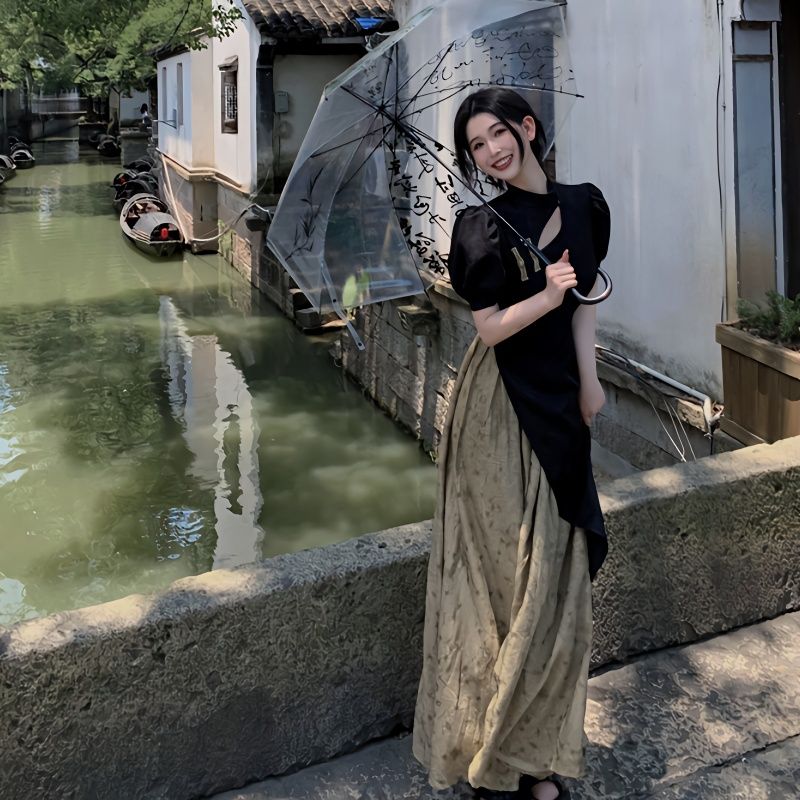 新中式改良旗袍假兩件連衣裙女夏2023新款修身顯瘦氣質高級感長裙