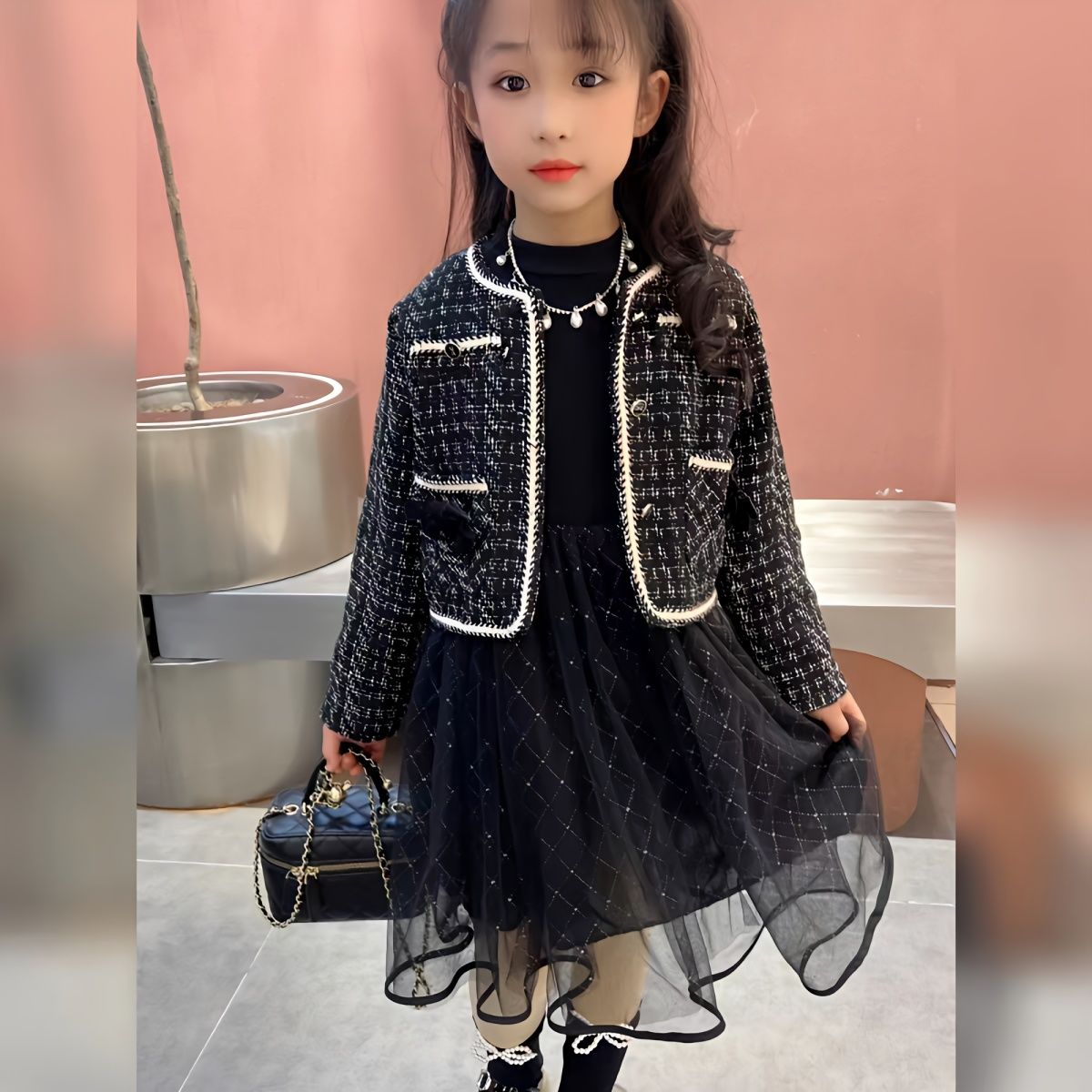 女童裝時髦套裝洋氣2023新款網紅春秋女孩小香風外套連衣裙兩件套