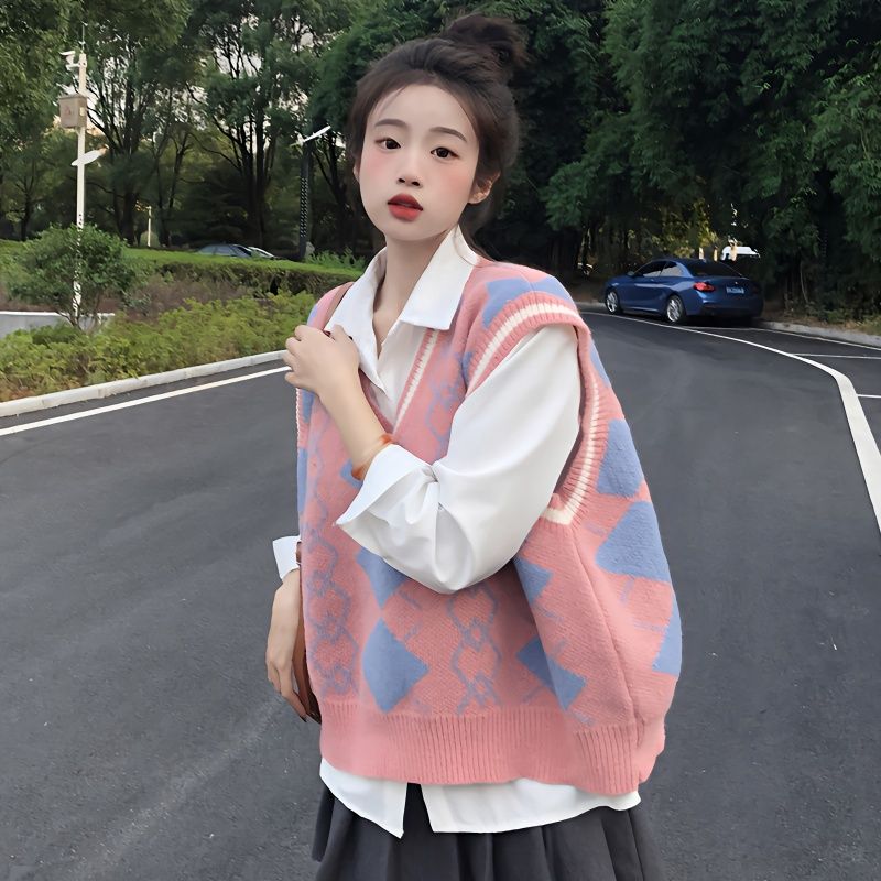 兩件套裝/單件春秋軟糯針織馬甲背心外搭溫柔甜美愛心毛衣+襯衫潮