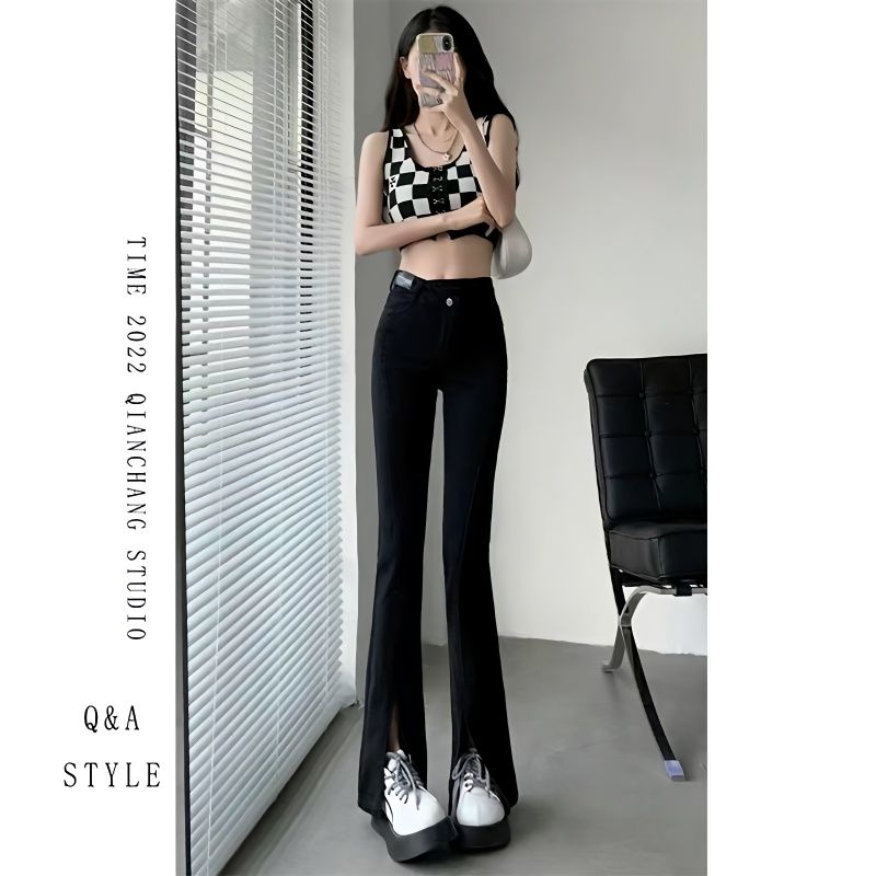 YSYOURS黑色微喇叭開叉牛仔褲女春秋高腰顯瘦大碼分叉拖地馬蹄褲