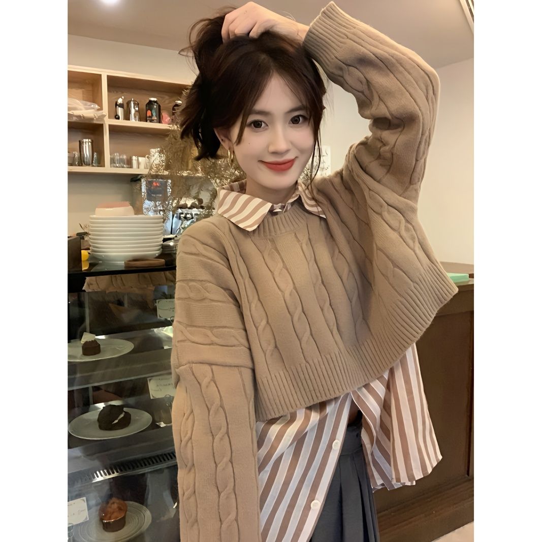 兩件套裝/單件春秋時尚辣妹寬鬆短款針織毛衣搭配條紋襯衫女上衣