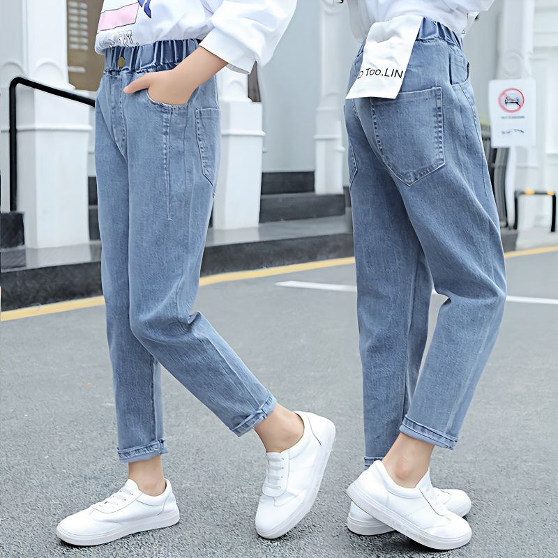 女童牛仔褲春秋2023新款洋氣中大童休閒長褲春季寬鬆彈力兒童褲子