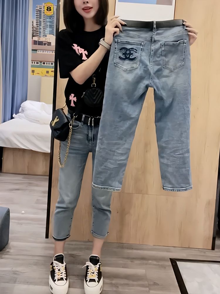 2023年新款高腰直筒牛仔褲女夏季薄款大碼寬鬆顯瘦八九分煙管褲子