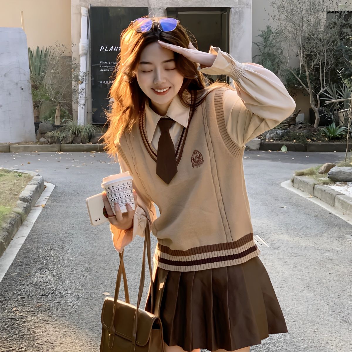三件套裝學院風馬甲背心疊穿鹽甜針織毛衣女學生上衣襯衫百褶裙子