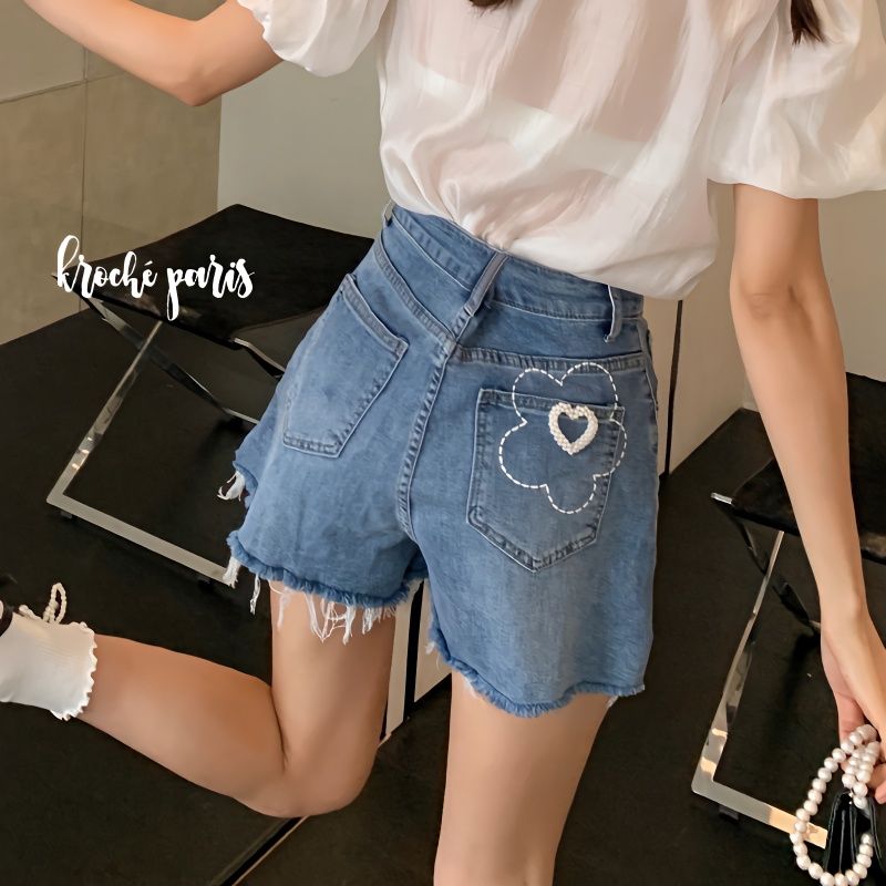 白鹿同款2023夏季刺繡花朵愛心牛仔短褲女夏薄款高腰顯瘦a字熱褲