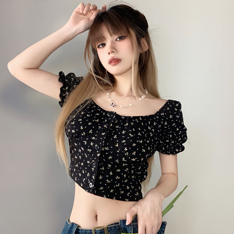 Rapcopter European and American small floral puff sleeve T-shirt women's short square collar slim fit sweet and spicy short-sleeved top tide