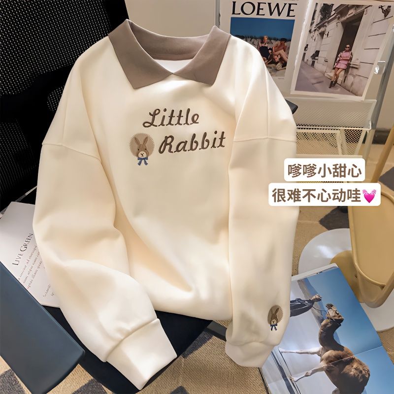 撞色POLO領套頭衛衣女秋季2023年新款時尚洋氣大碼寬鬆情侶外套潮