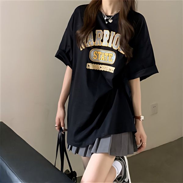 【兩件套裝】夏季學院風寬鬆字母印花百搭短袖T恤+高腰軟妹百褶裙