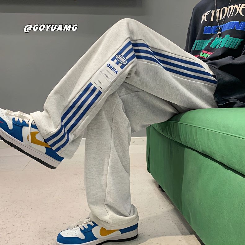 American style high street trousers men's spring and autumn trendy brand ins casual sports fleece pants loose all-match straight trousers
