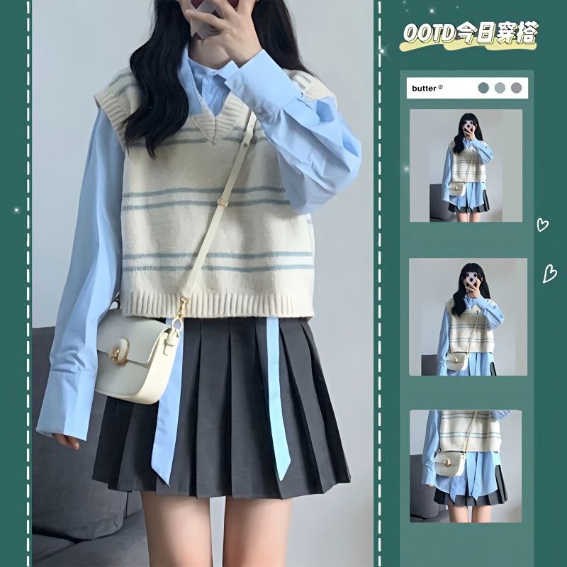 三件套裝春秋季新款學生慵懶風坎肩背心短款針織馬甲疊穿針織衫女