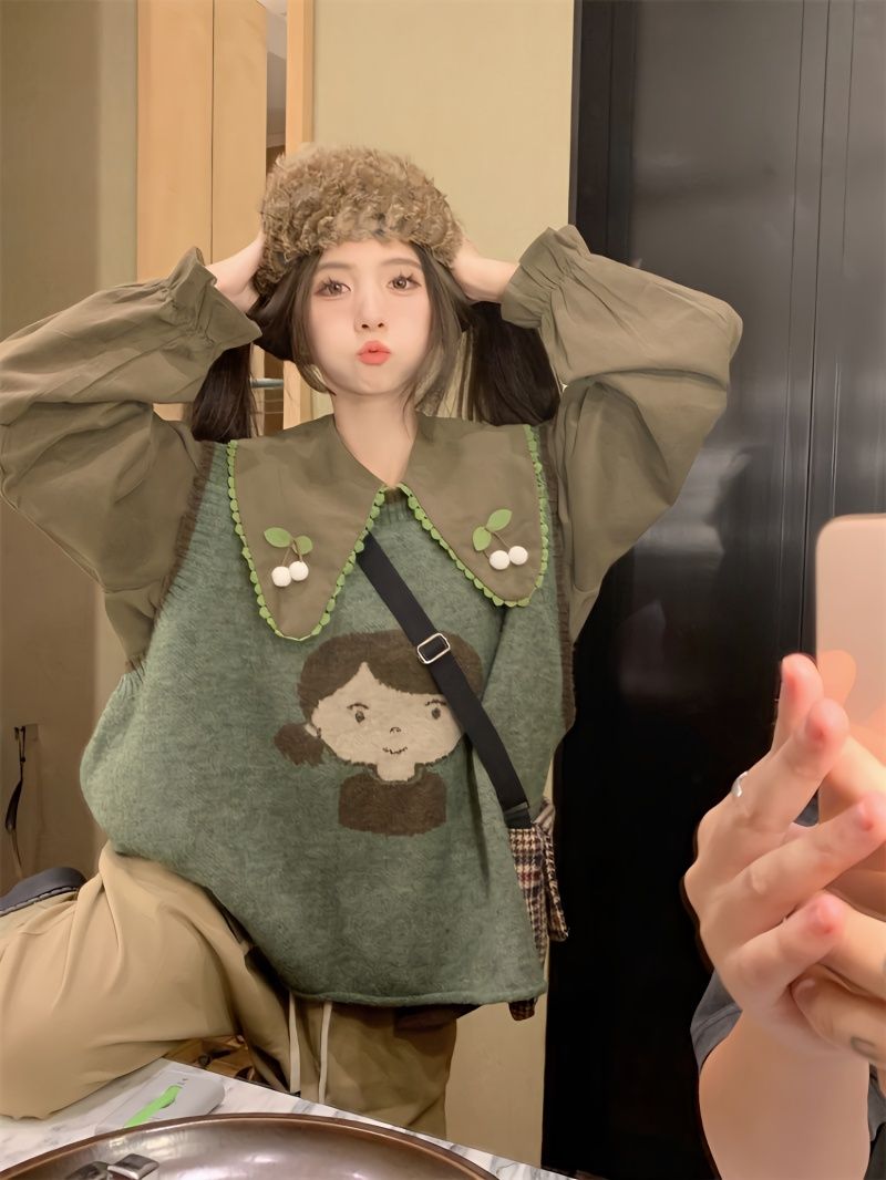 兩件套裝韓版寬鬆百搭花邊娃娃襯衣女設計感針織馬甲疊穿毛衣背心
