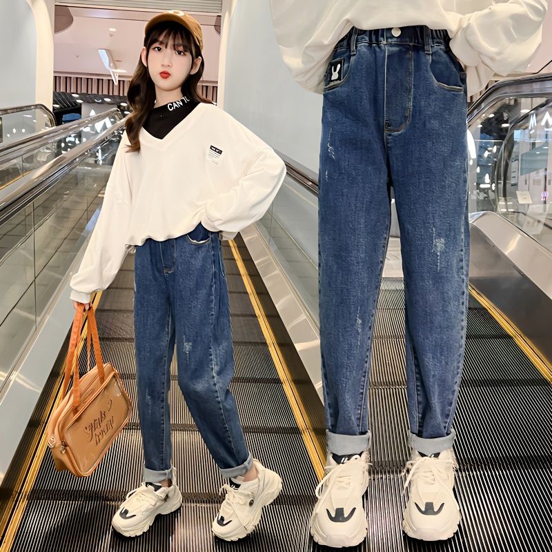 女童牛仔褲春秋2023新款兒童休閒哈倫褲中大童女孩洋氣老爹長褲潮