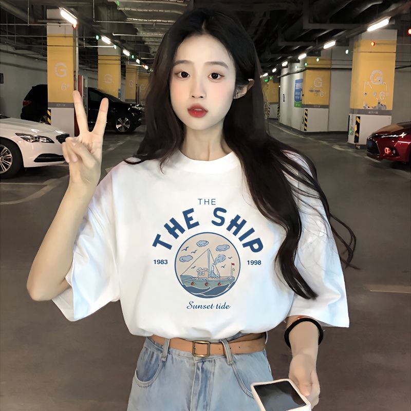 印花打底衫短袖t恤女2023年夏季新款寬鬆女裝設計感小眾白色上衣