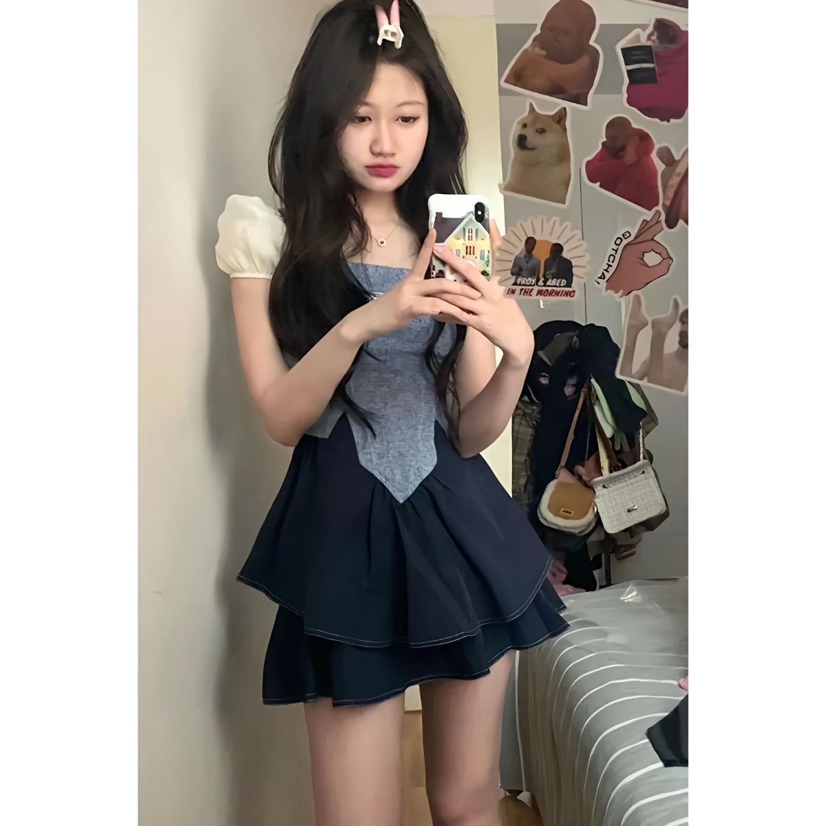 Summer sweet and spicy wind puff sleeve dress stitching slim slim short-sleeved A-line skirt fashion playful girl skirt