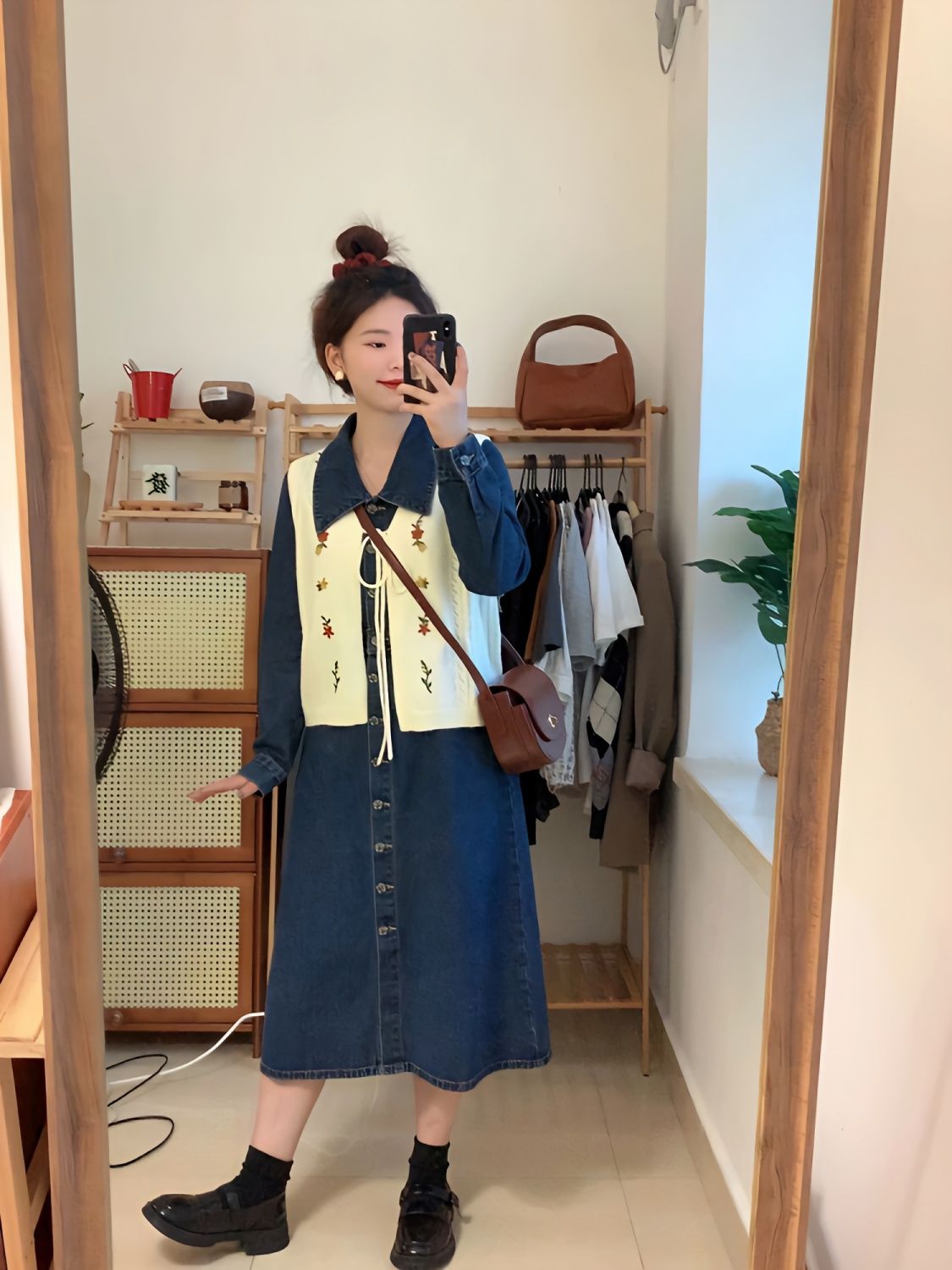 兩件套裝春秋甜美刺繡針織毛衣開衫馬甲女法式復古牛仔連衣裙ins