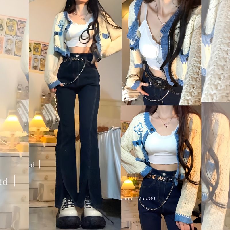 春季溫柔系穿搭女2023新款韓版辣妹純欲毛衣吊帶高腰牛仔褲三件套