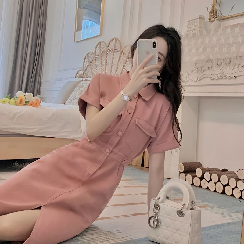Pink shirt denim dress 2022 new women's summer mid-length design sense niche temperament fried street skirt