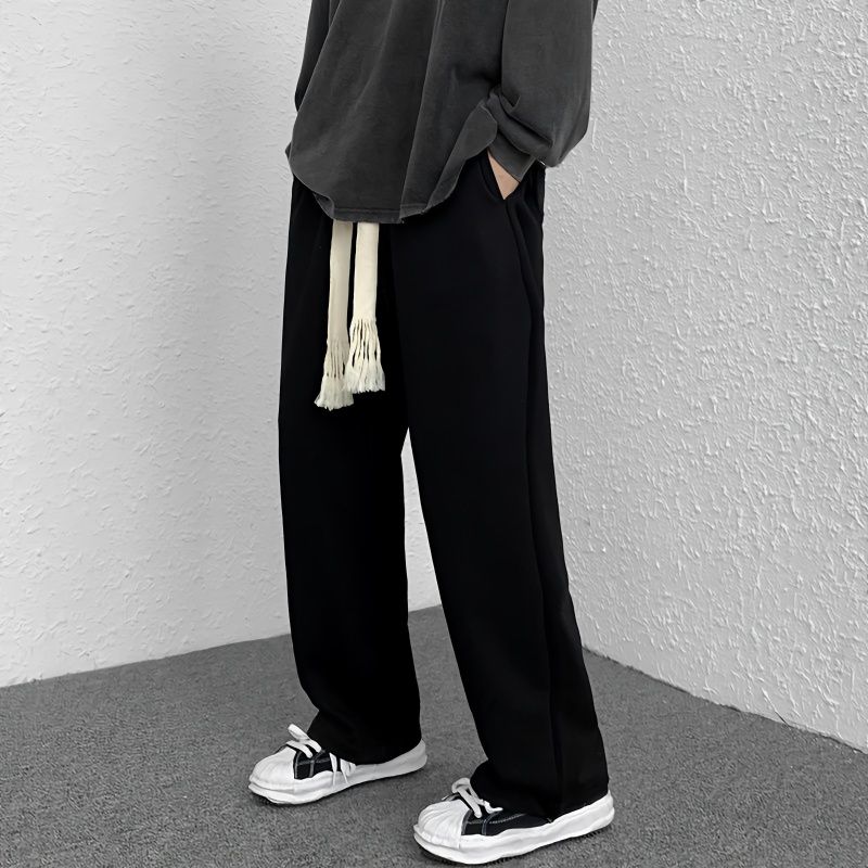 Spring and summer hand-woven drawstring sweatpants men's loose straight ins high street large size wide-leg solid color sweatpants trendy