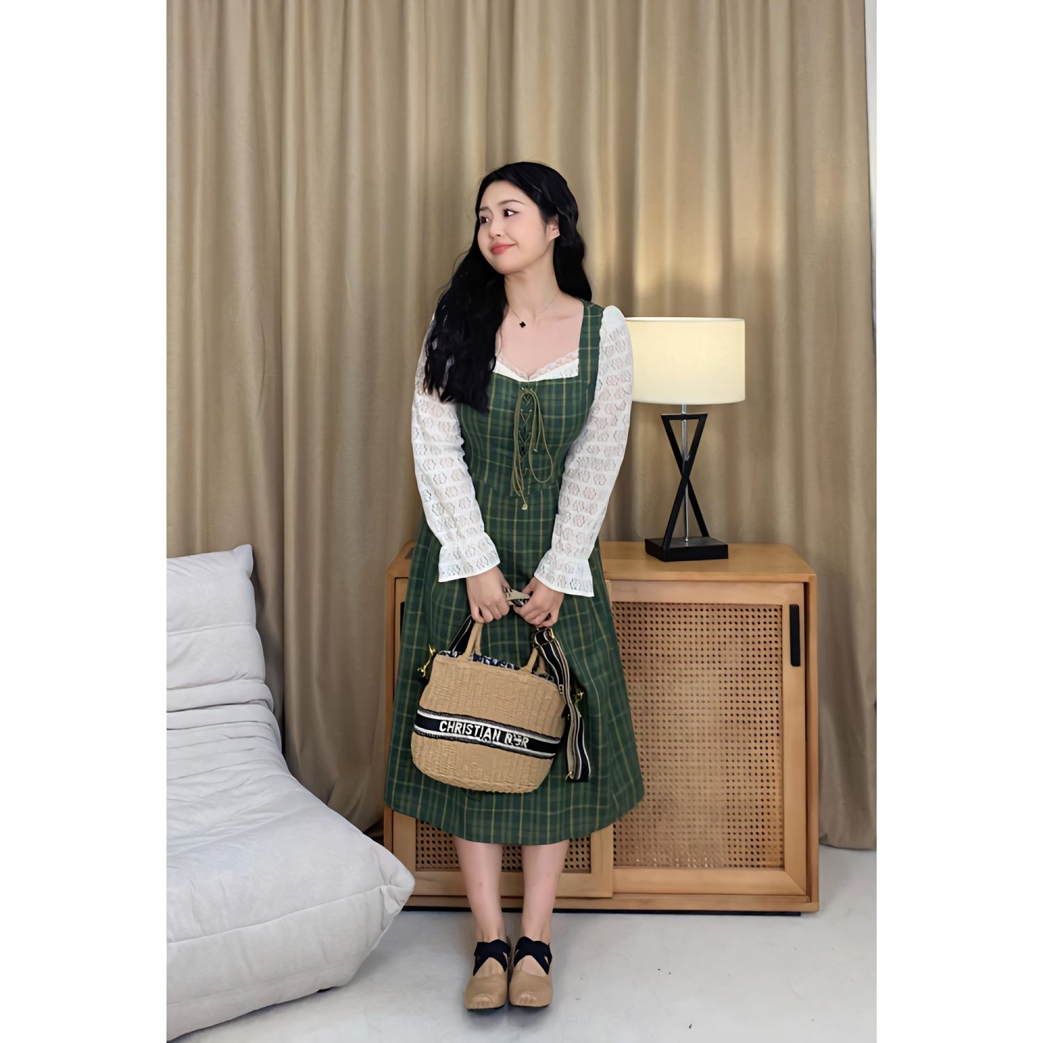 [Spring Lime] British Retro Lime Green Dress 2023 Spring New Product Long Color Matching Dress