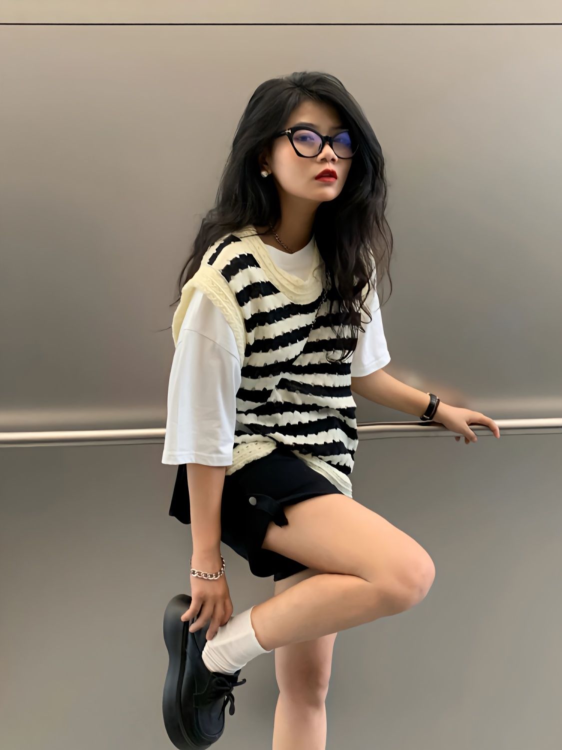 兩件套裝/單件韓系休閒條紋針織衫上衣夏季薄款馬甲背心+內搭T恤