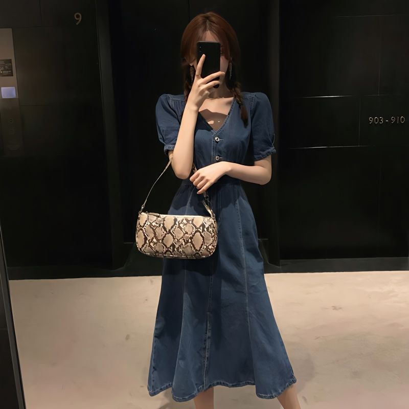 Design sense niche denim dress female small tea break French retro waist slimming slit long skirt summer