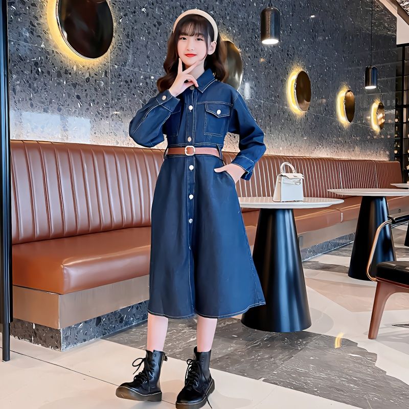 童裝女童連衣裙韓版時髦牛仔長袖裙子新款2023中大童超洋氣裙子潮