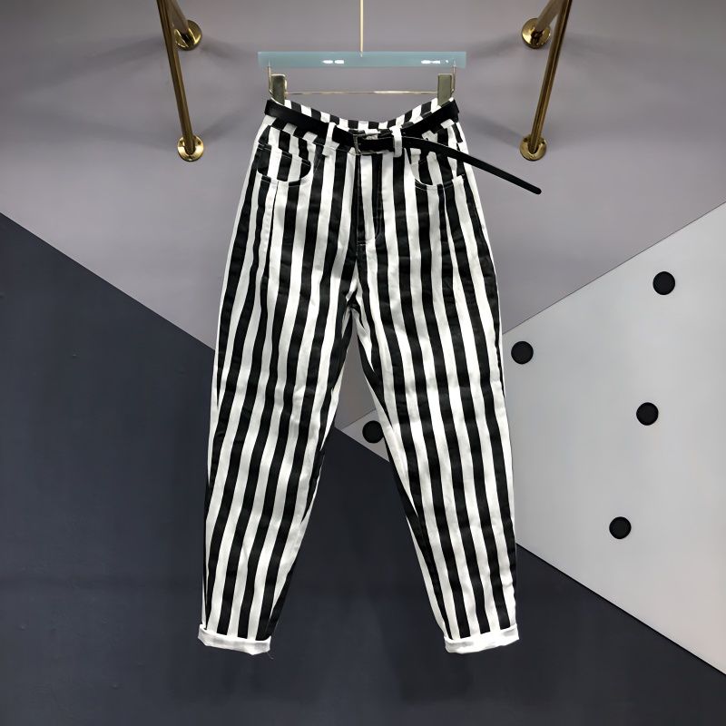 黑白條紋蘿蔔牛仔褲女歐貨2022早秋新款百搭高腰顯瘦小腳哈倫褲子