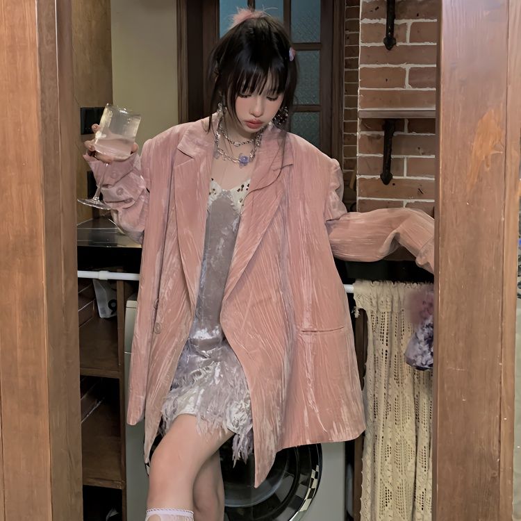 High-end street retro velvet suit jacket for women spring and autumn 2023 new design niche loose casual suit