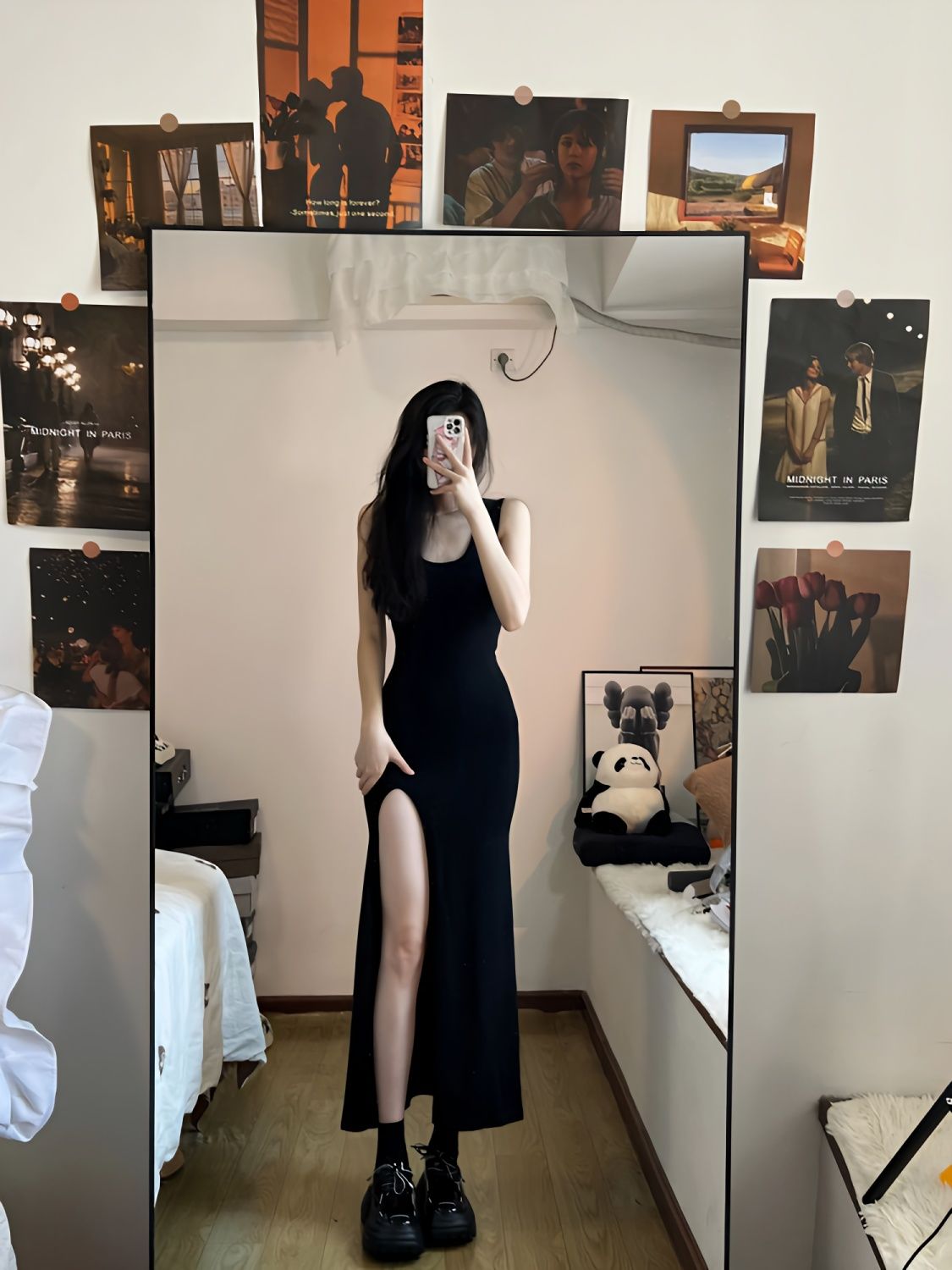 辣妹純欲背心連衣裙女學院風高腰包臀裙緊身黑色開叉吊帶打底長裙