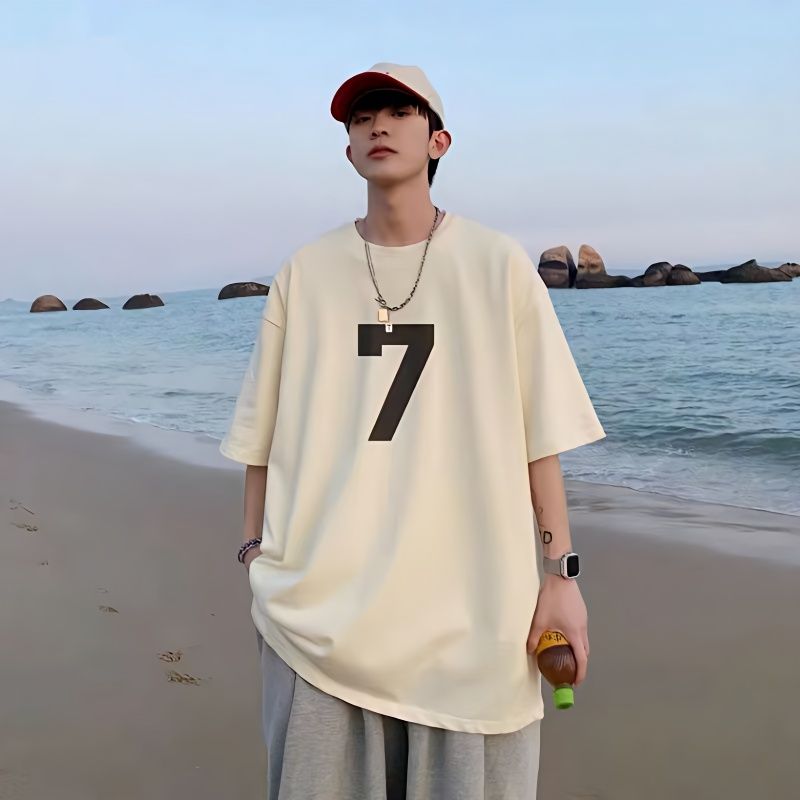 100%純棉2023新款夏季半袖t恤男短袖寬鬆潮流休閒五分袖男t恤男女