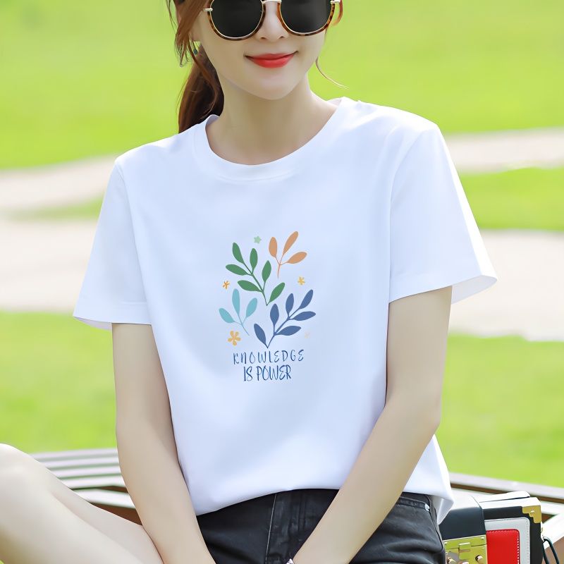 新款夏天女裝高檔純棉白色正肩女士t恤短袖寬鬆體恤簡約清新時尚