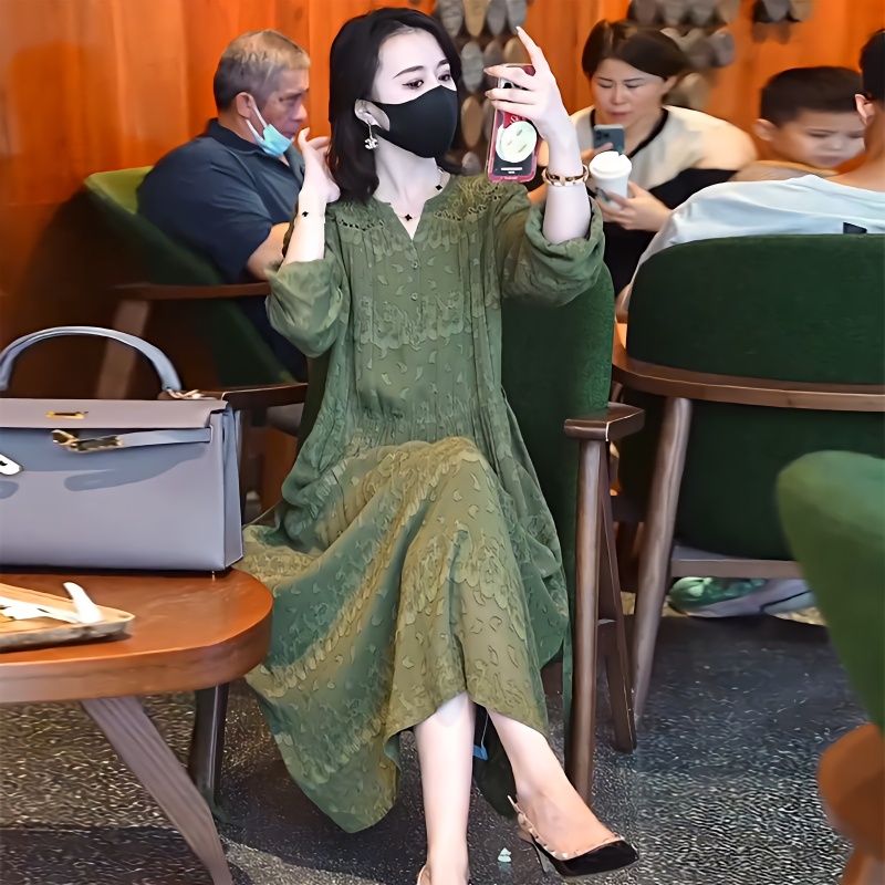 大牌高端蕾絲連衣裙女2023春裝新款大碼女裝輕奢氣質歐貨提花長裙