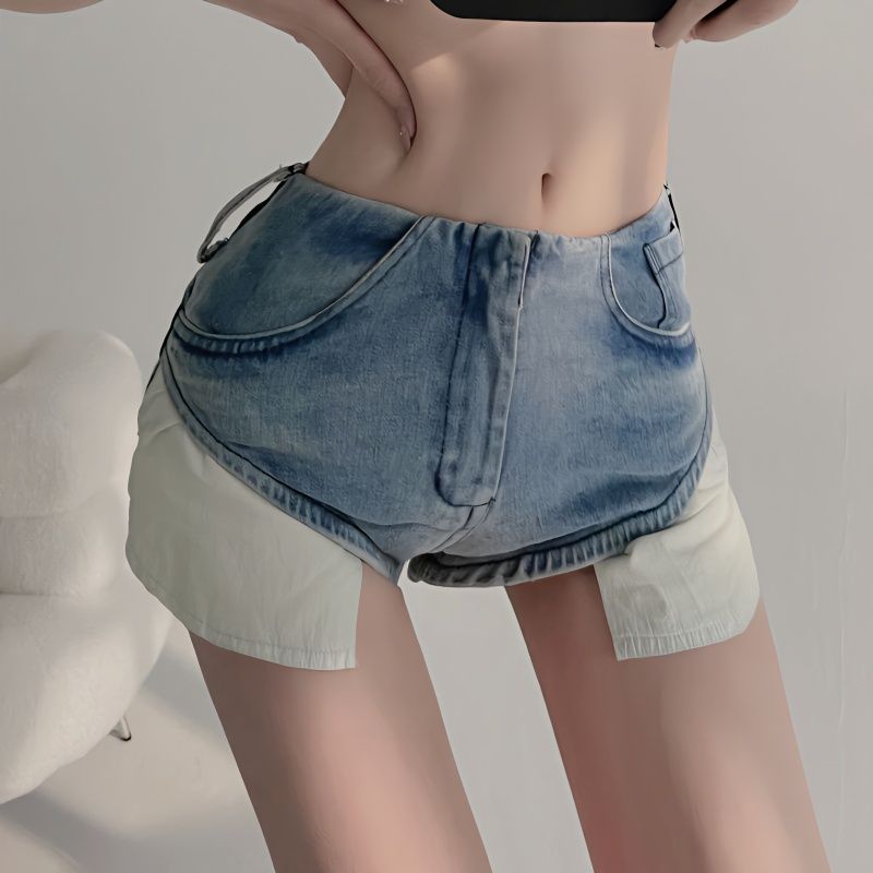 拼接低腰學生提臀韓版牛仔褲口袋春裝短褲子闊腿女2022新款潮ins