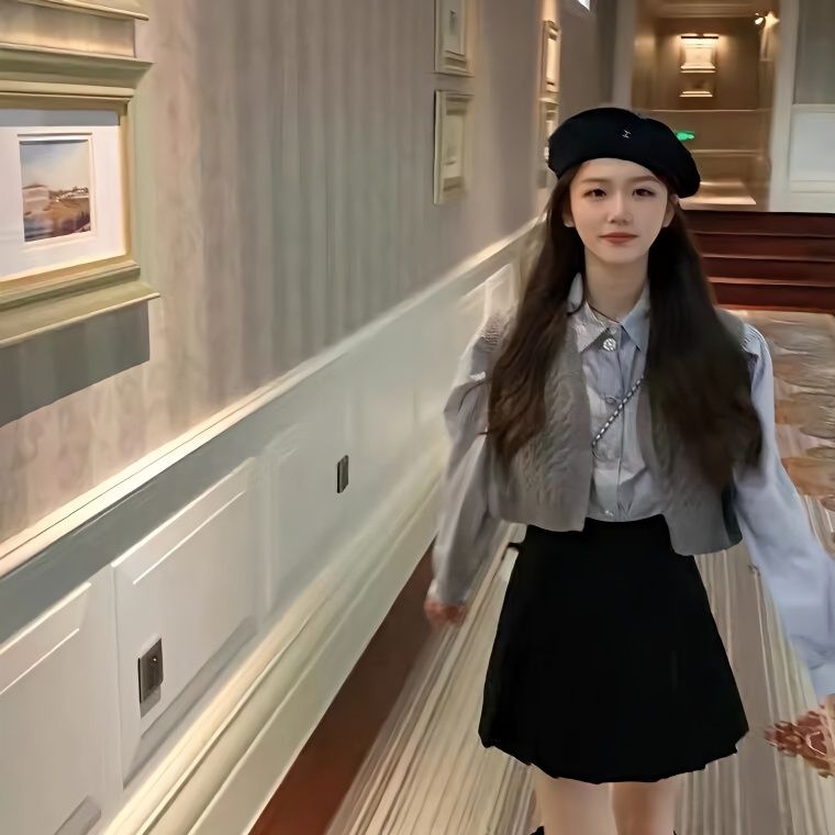 Three-piece suit spring and autumn Korean style girls knitted sweater vest layered shirt jacket short top shirt pleated skirt