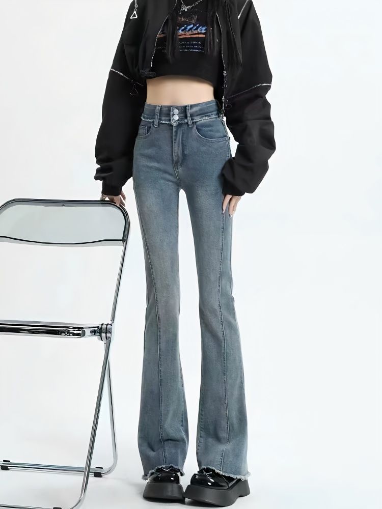 YSYOURS復古微喇叭牛仔褲女春秋高腰顯瘦修身大碼毛邊馬蹄長褲子