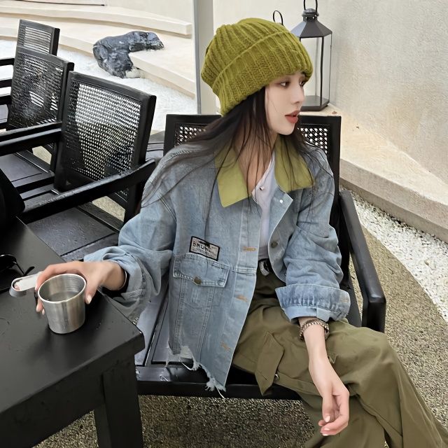 American retro lapel raw edge short denim jacket women's trendy ins spring and autumn new fashion loose jacket tops