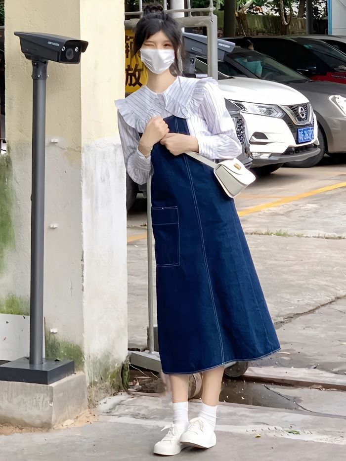 兩件套裝學院風春秋小個子別致娃娃襯衫女時尚牛仔背帶A字連衣裙