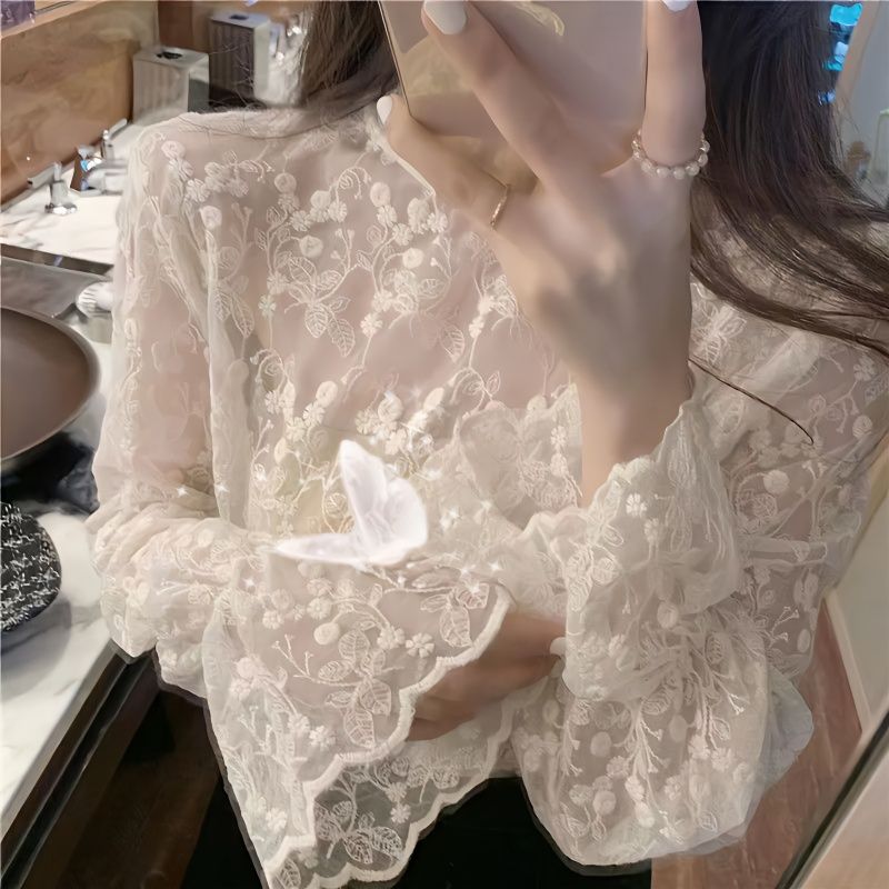 超仙的內搭蕾絲衫洋氣網紗女2023秋冬新款花邊透視打底衫上衣小衫