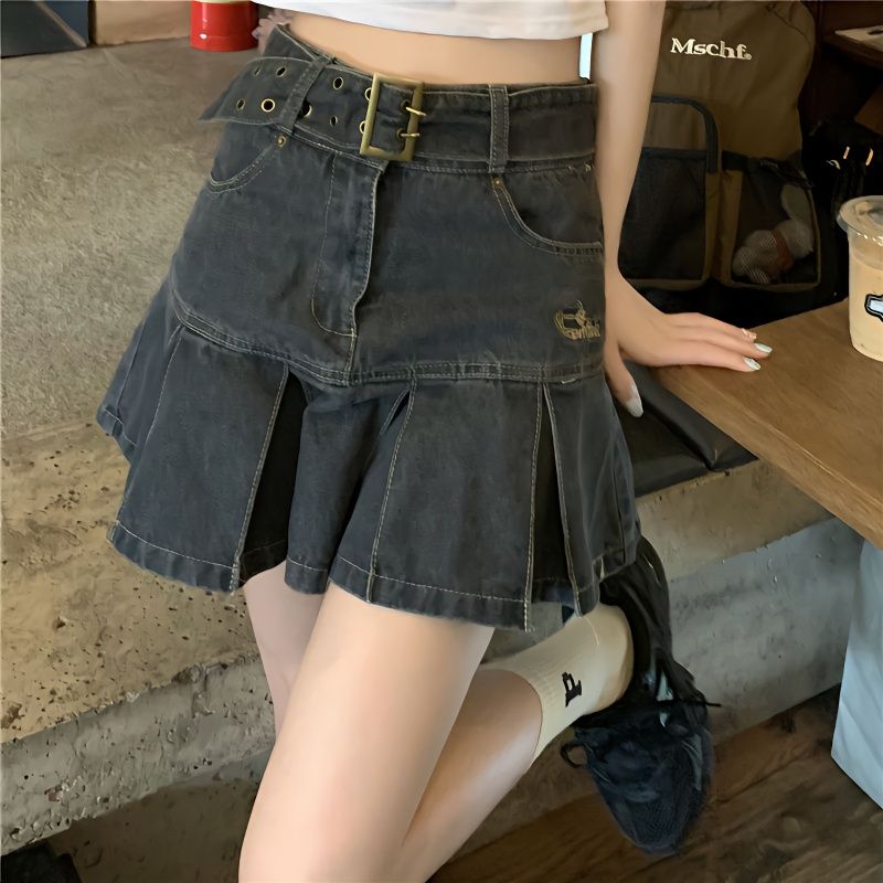 Design sense butterfly embroidered denim pleated skirt short skirt women's summer large size high waist slimming a-line skirt