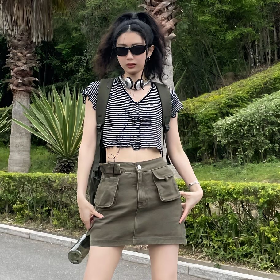 兩件套裝/單件夏季新款甜酷不規則裁邊小眾上衣+時尚工裝收腰短裙
