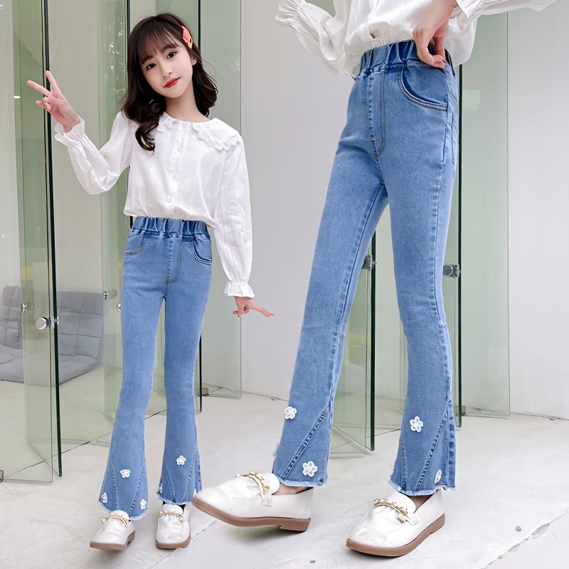 女童牛仔褲春秋2023新款洋氣中大童喇叭褲韓版兒童修身長褲子春季